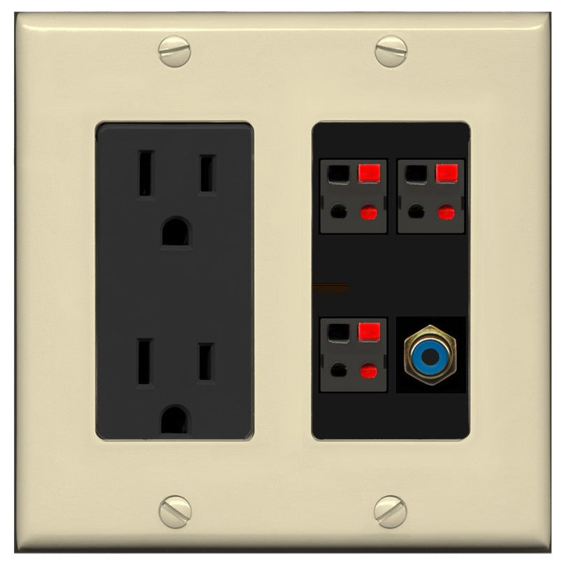 RiteAV 3 Port Speaker Wire Plug Jack Wall Plate with 1 RCA for Subwoofer - Outlet [Ivory/Black]
