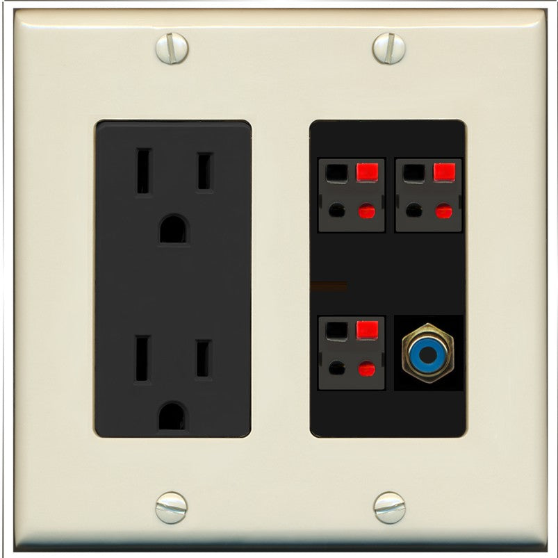 RiteAV 3 Port Speaker Wire Plug Jack Wall Plate with 1 RCA for Subwoofer - Outlet [Light-Almond/Black]