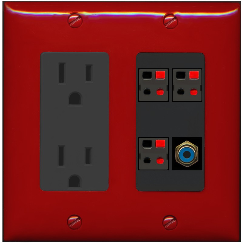 RiteAV 3 Port Speaker Wire Plug Jack Wall Plate with 1 RCA for Subwoofer - Outlet [Red/Black]