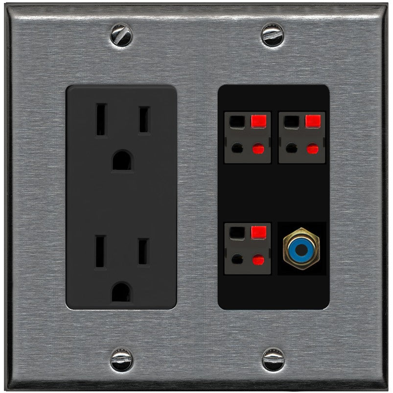 RiteAV 3 Port Speaker Wire Plug Jack Wall Plate with 1 RCA for Subwoofer - Outlet [Stainless/Black]