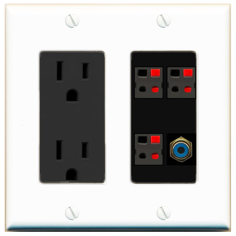 RiteAV 3 Port Speaker Wire Plug Jack Wall Plate with 1 RCA for Subwoofer - Outlet [White/Black]