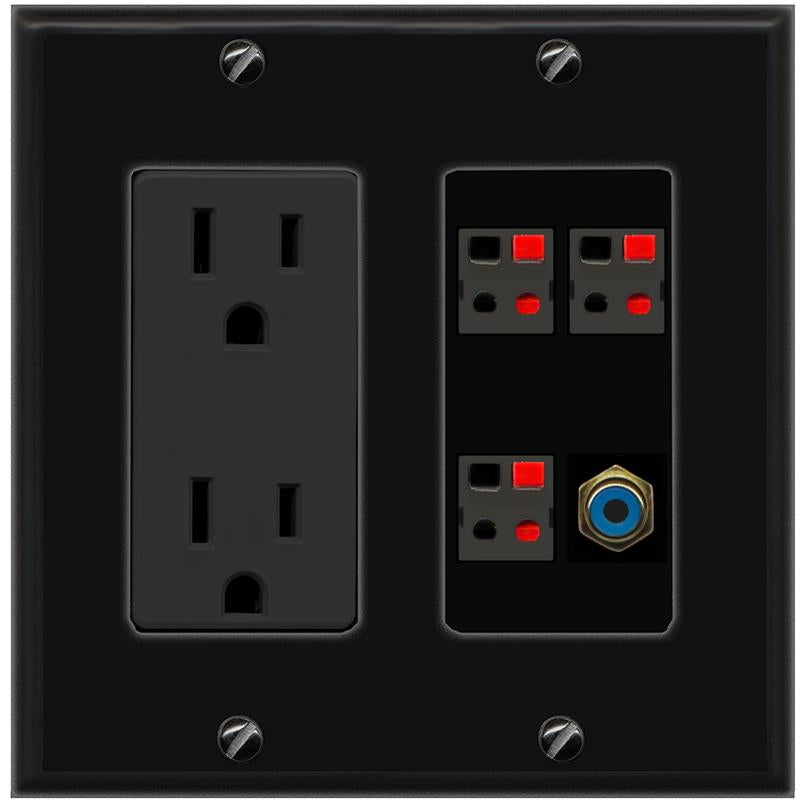 RiteAV 3 Port Speaker Wire Plug Jack Wall Plate with RCA for Subwoofer - Outlet [Black/Black]