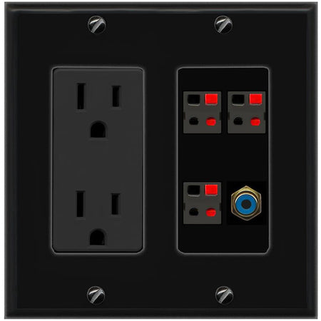 RiteAV 3 Port Speaker Wire Plug Jack Wall Plate with RCA for Subwoofer - Outlet [Black/Black]