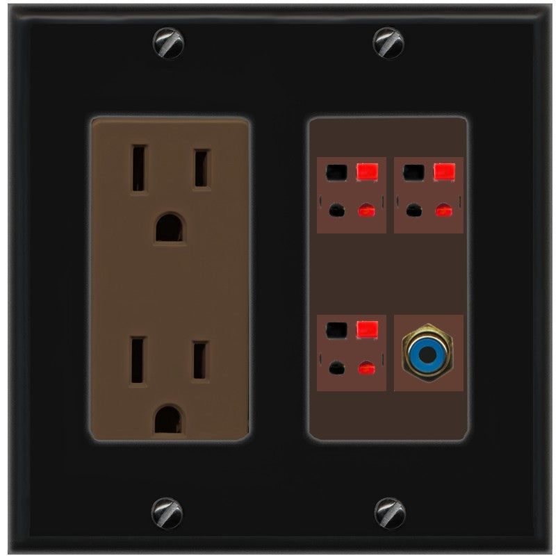 RiteAV 3 Port Speaker Wire Plug Jack Wall Plate with 1 RCA for Subwoofer - Outlet [Black/Brown]