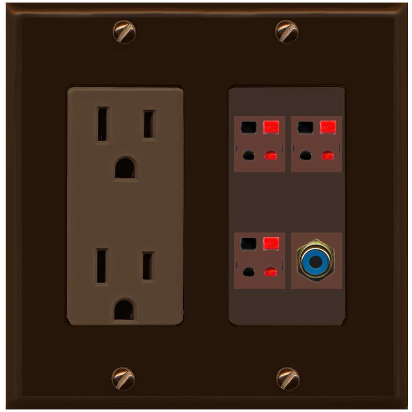 RiteAV 3 Port Speaker Wire Plug Jack Wall Plate with RCA for Subwoofer - Outlet [Brown/Brown]