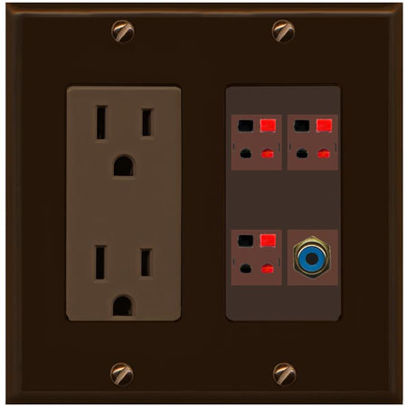 RiteAV 3 Port Speaker Wire Plug Jack Wall Plate with RCA for Subwoofer - Outlet [Brown/Brown]