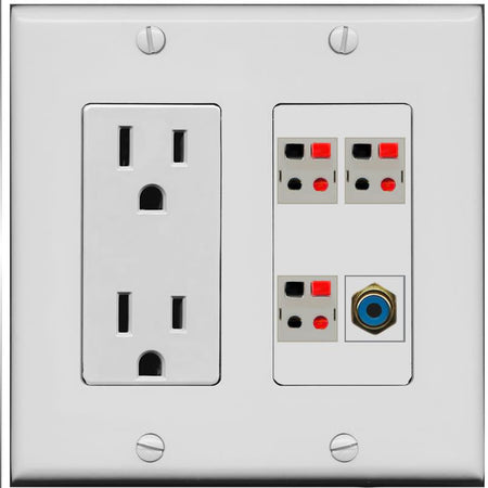 RiteAV 3 Port Speaker Wire Plug Jack Wall Plate with RCA for Subwoofer - Outlet [Gray/Gray]
