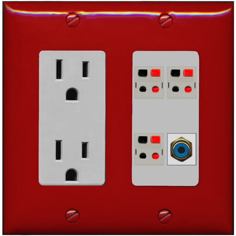 RiteAV 3 Port Speaker Wire Plug Jack Wall Plate with 1 RCA for Subwoofer - Outlet [Red/Gray]