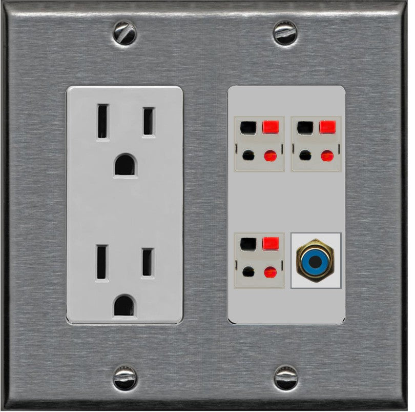 RiteAV 3 Port Speaker Wire Plug Jack Wall Plate with 1 RCA for Subwoofer - Outlet [Stainless/Gray]