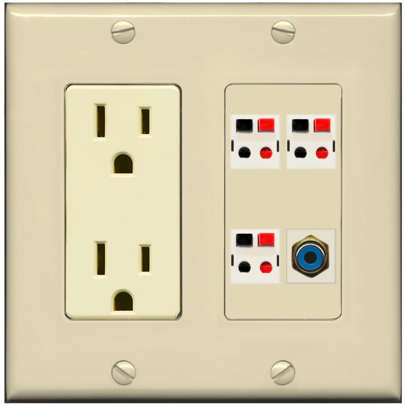 RiteAV 3 Port Speaker Wire Plug Jack Wall Plate with RCA for Subwoofer - Outlet [Ivory/Ivory]