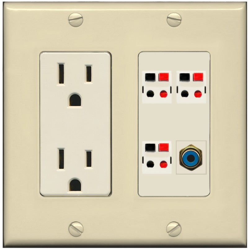 RiteAV 3 Port Speaker Wire Plug Jack Wall Plate with 1 RCA for Subwoofer - Outlet [Ivory/Light-Almond]