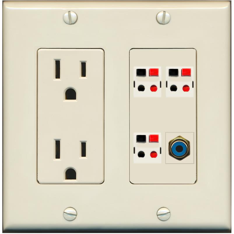 RiteAV 3 Port Speaker Wire Plug Jack Wall Plate with RCA for Subwoofer - Outlet [Light-Almond]