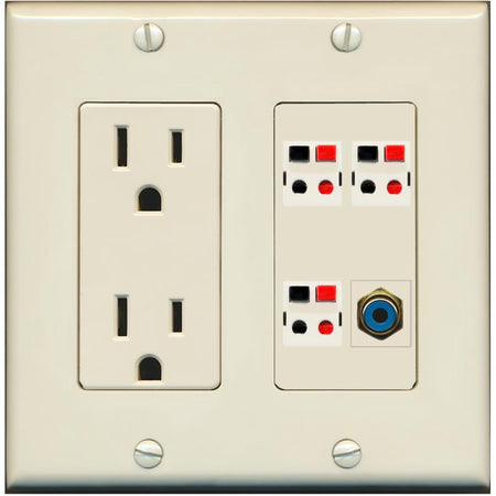 RiteAV 3 Port Speaker Wire Plug Jack Wall Plate with RCA for Subwoofer - Outlet [Light-Almond]