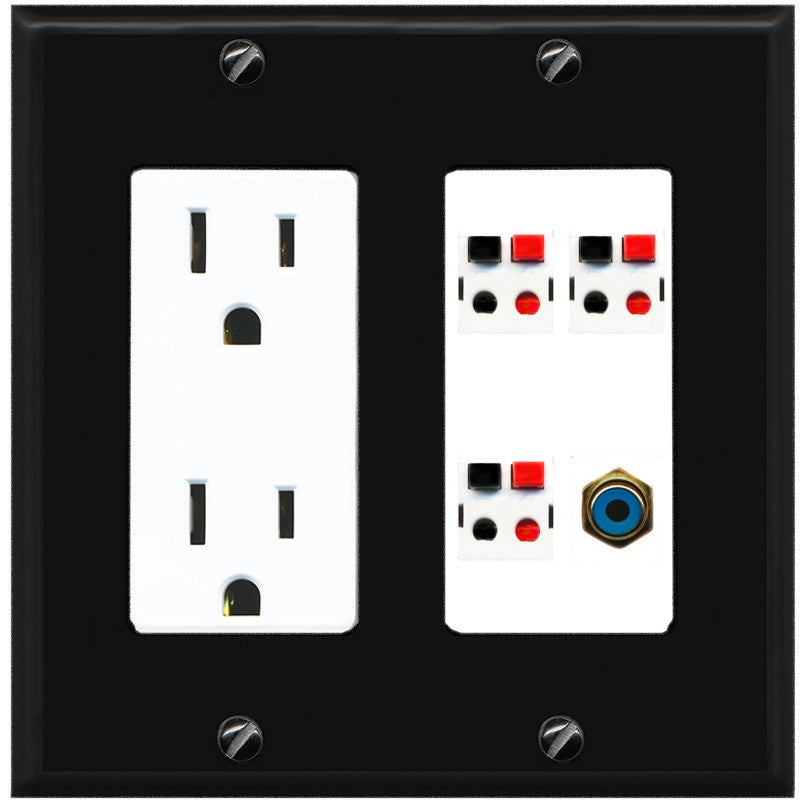 RiteAV 3 Port Speaker Wire Plug Jack Wall Plate with 1 RCA for Subwoofer - Outlet [Black/White]