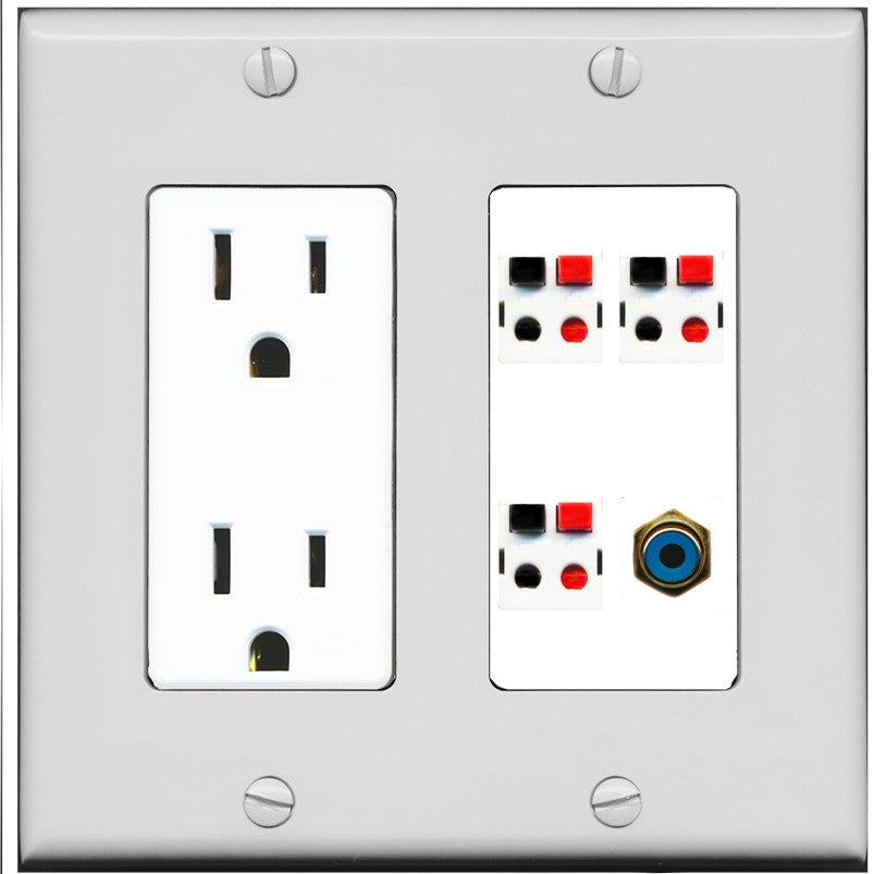 RiteAV 3 Port Speaker Wire Plug Jack Wall Plate with 1 RCA for Subwoofer - Outlet [Gray/White]