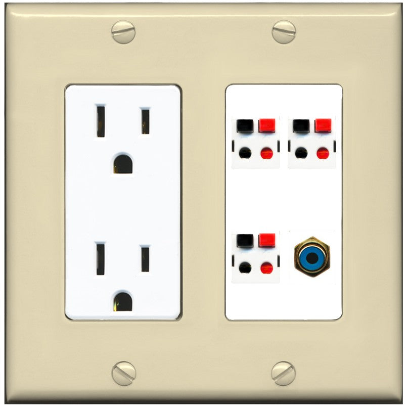 RiteAV 3 Port Speaker Wire Plug Jack Wall Plate with 1 RCA for Subwoofer - Outlet [Ivory/White]