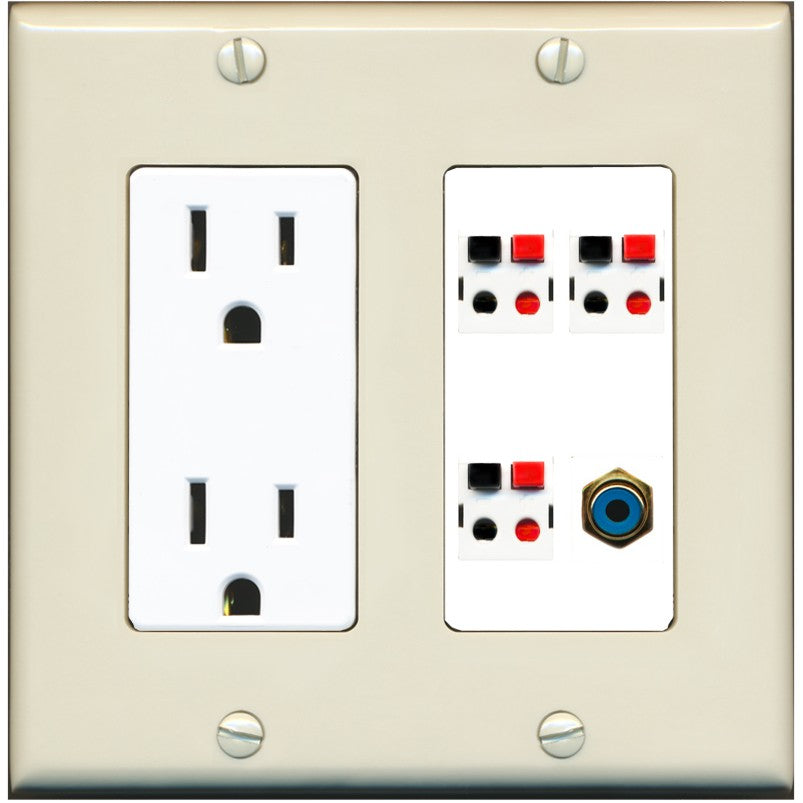 RiteAV 3 Port Speaker Wire Plug Jack Wall Plate with 1 RCA for Subwoofer - Outlet [Light-Almond/White]