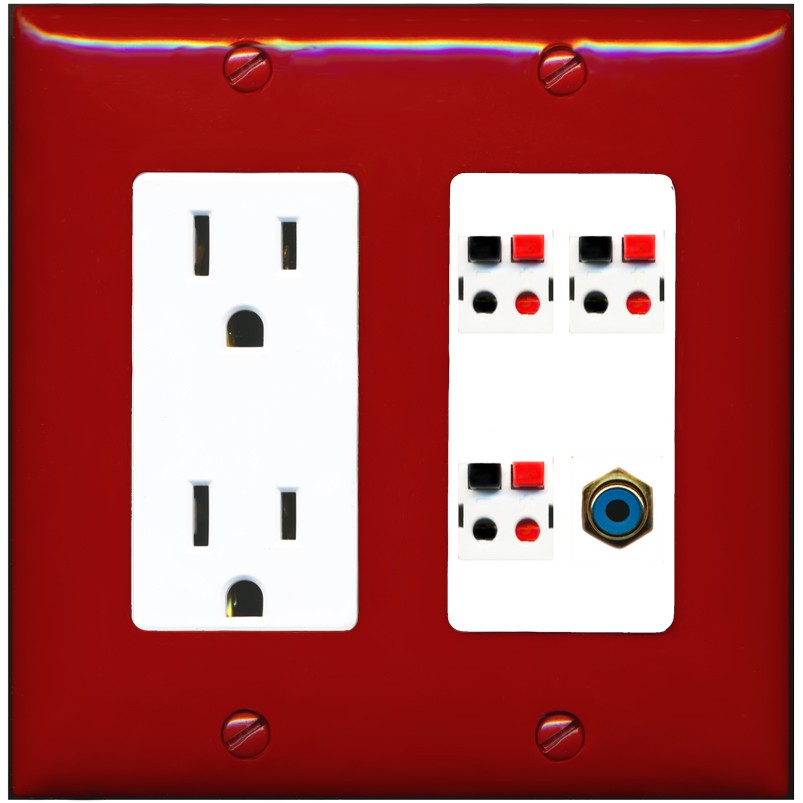 RiteAV 3 Port Speaker Wire Plug Jack Wall Plate with 1 RCA for Subwoofer - Outlet [Red/White]