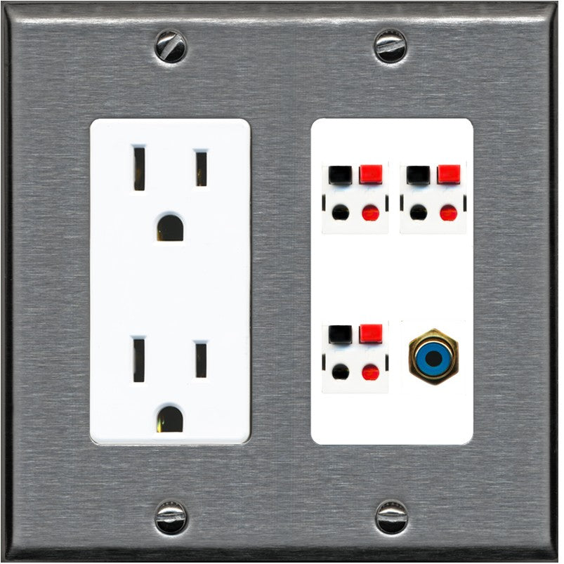 RiteAV 3 Port Speaker Wire Plug Jack Wall Plate with 1 RCA for Subwoofer - Outlet [Stainless/White]