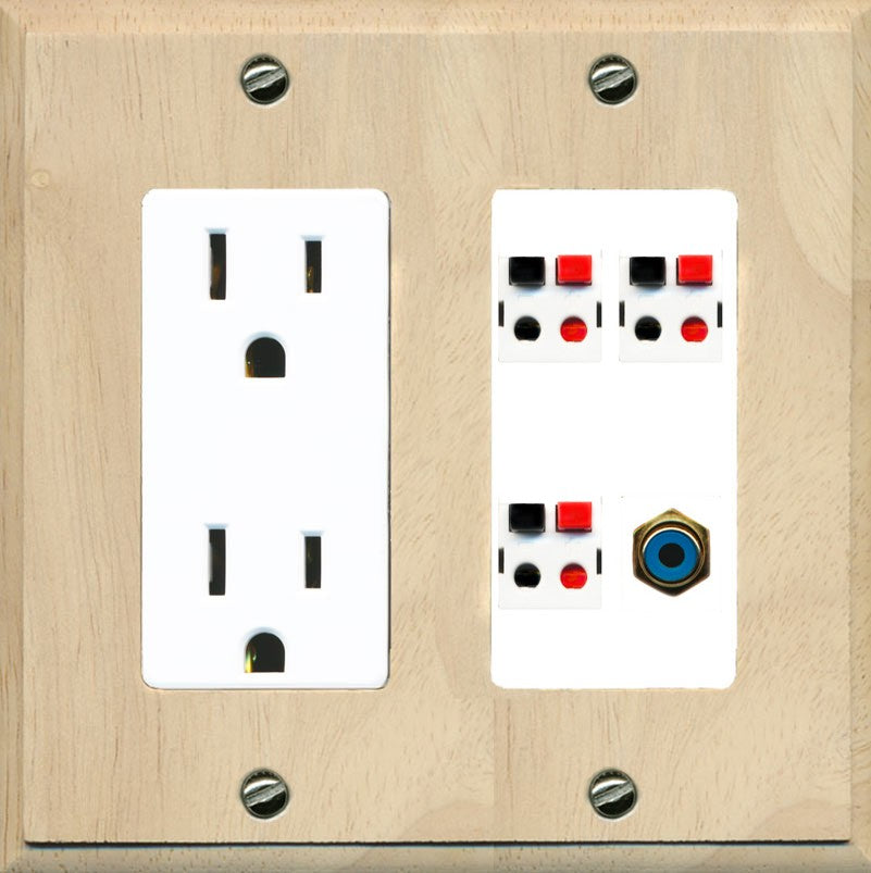 RiteAV 3 Port Speaker Wire Plug Jack Wall Plate with 1 RCA for Subwoofer - Outlet [Wood/White]