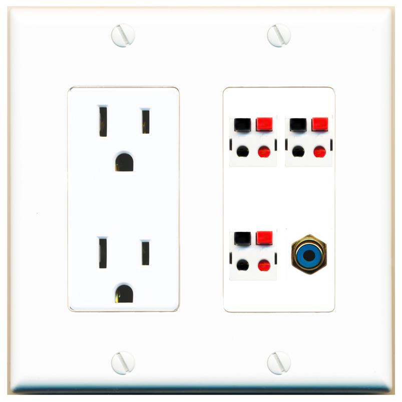 RiteAV 3 Port Speaker Wire Plug Jack Wall Plate with RCA for Subwoofer - Outlet [White]