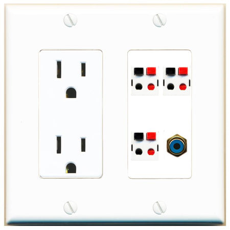 RiteAV 3 Port Speaker Wire Plug Jack Wall Plate with RCA for Subwoofer - Outlet [White]