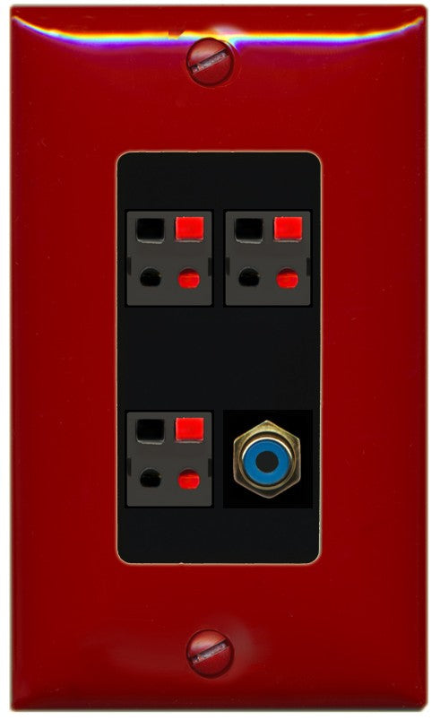 RiteAV 3 Port Speaker Wire Plug Jack Wall Plate with 1 RCA for Subwoofer - 1 Gang Decorative [Red/Black]