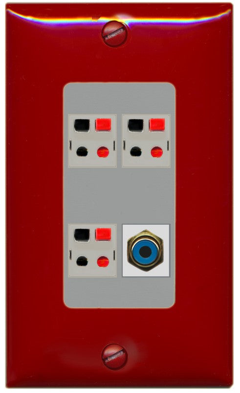RiteAV 3 Port Speaker Wire Plug Jack Wall Plate with 1 RCA for Subwoofer - 1 Gang Decorative [Red/Gray]