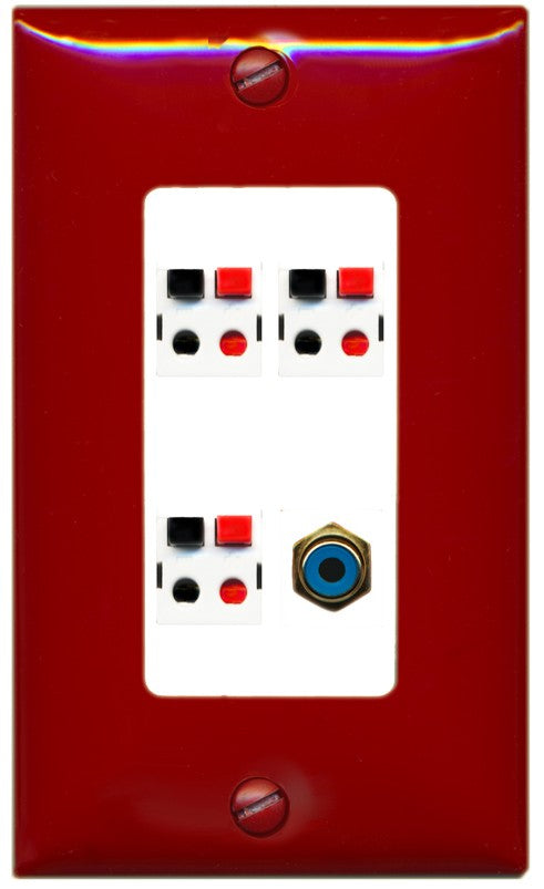 RiteAV 3 Port Speaker Wire Plug Jack Wall Plate with 1 RCA for Subwoofer - 1 Gang Decorative [Red/White]