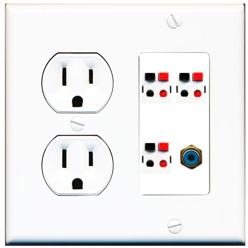 RiteAV 3 Port Speaker Wire Plug Jack Wall Plate with RCA for Subwoofer - Round Outlet [White]