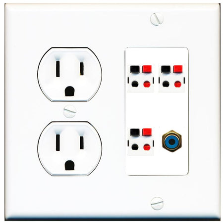 RiteAV 3 Port Speaker Wire Plug Jack Wall Plate with RCA for Subwoofer - Round Outlet [White]