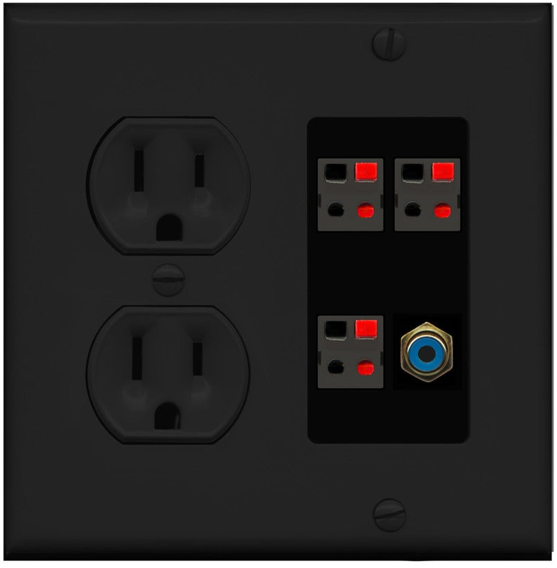 RiteAV 3 Port Speaker Wire Plug Jack Wall Plate with 1 RCA for Subwoofer - Round Outlet [Black/Black]