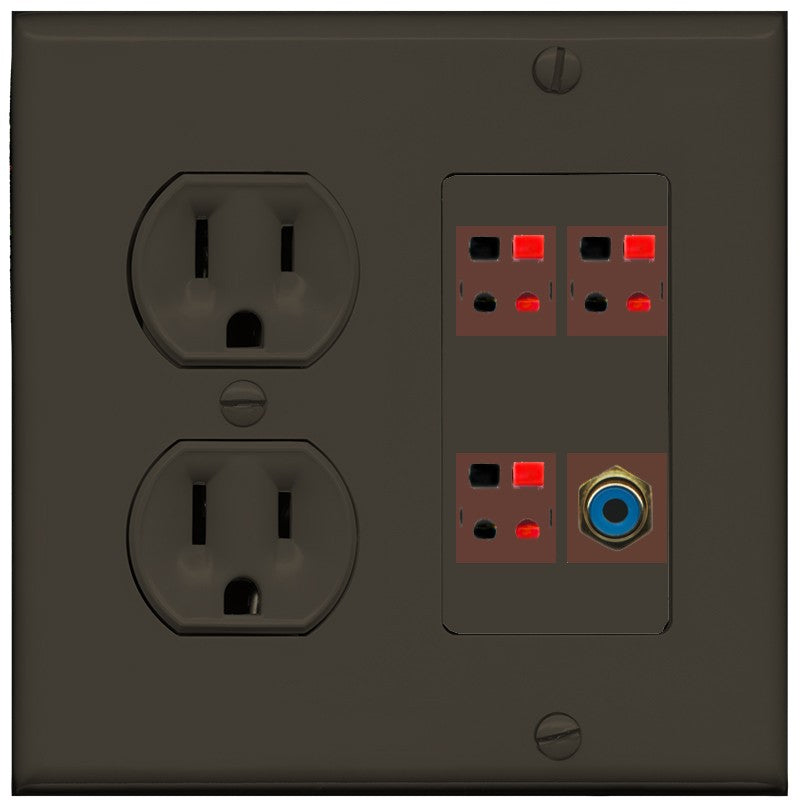 RiteAV 3 Port Speaker Wire Plug Jack Wall Plate with 1 RCA for Subwoofer - Round Outlet [Brown/Brown]