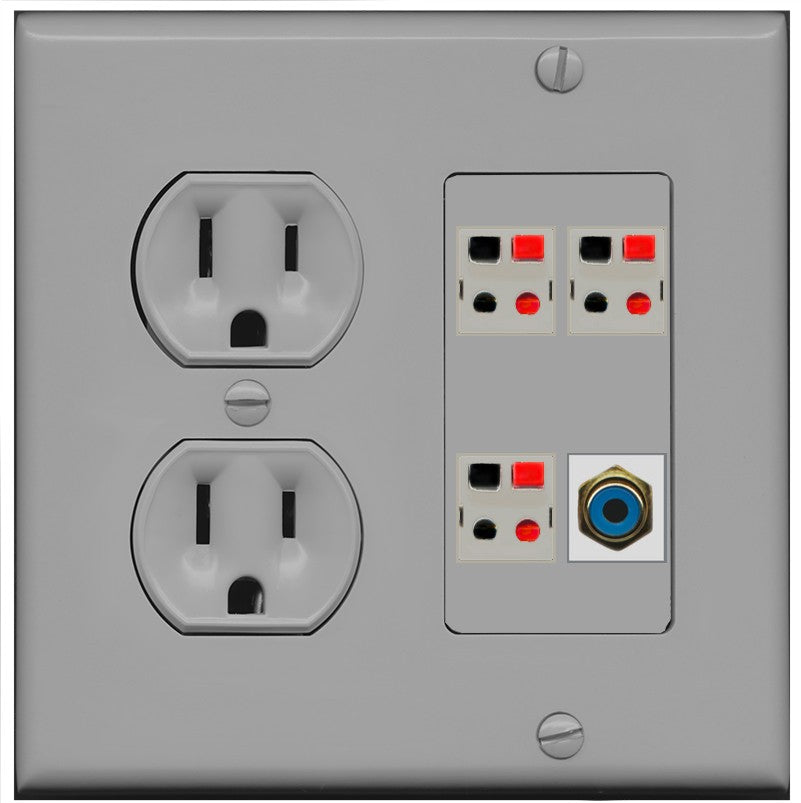 RiteAV 3 Port Speaker Wire Plug Jack Wall Plate with 1 RCA for Subwoofer - Round Outlet [Gray/Gray]