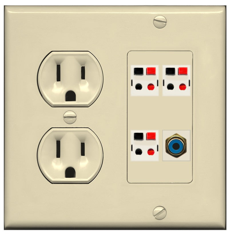 RiteAV 3 Port Speaker Wire Plug Jack Wall Plate with 1 RCA for Subwoofer - Round Outlet [Ivory/Ivory]