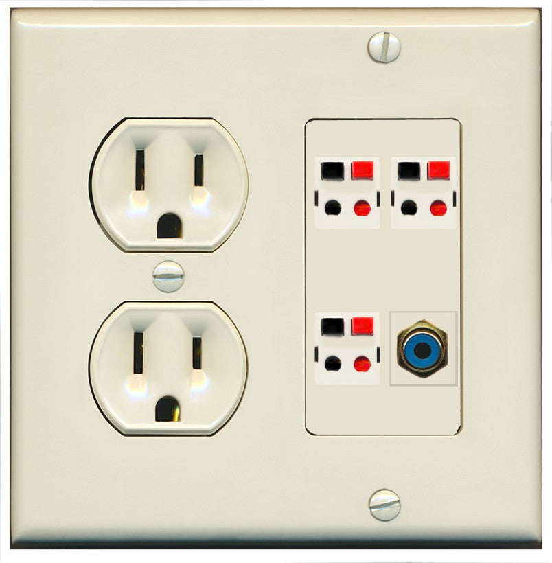 RiteAV 3 Port Speaker Wire Plug Jack Wall Plate with 1 RCA for Subwoofer - Round Outlet [Light-Almond]