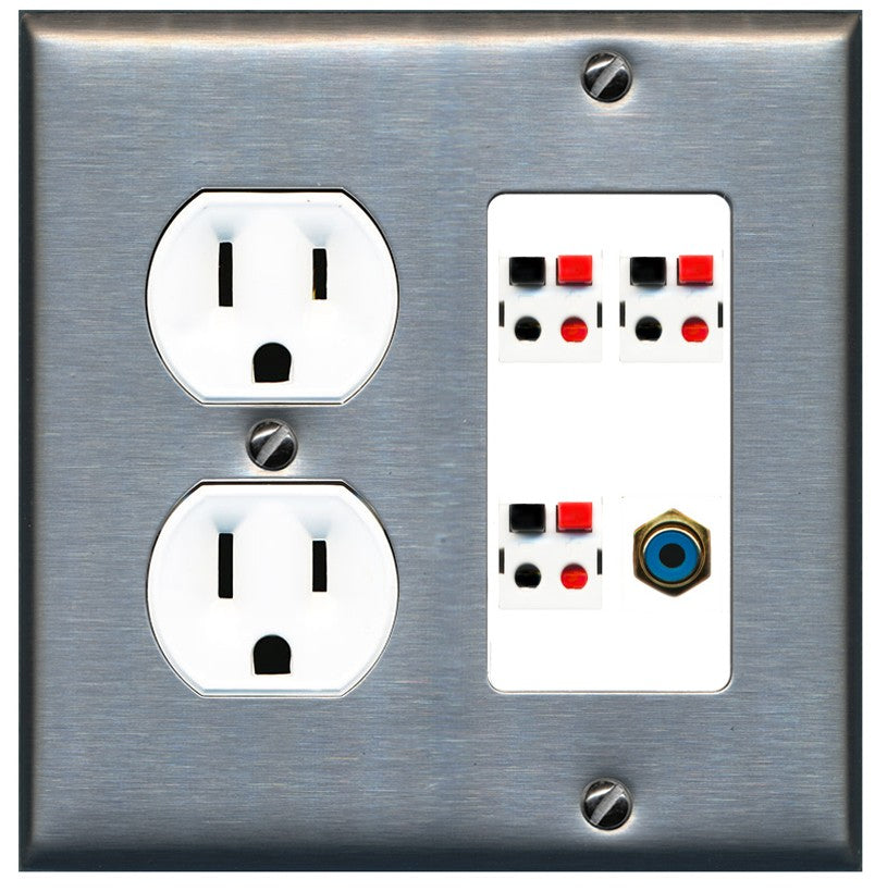 RiteAV 3 Port Speaker Wire Plug Jack Wall Plate with 1 RCA for Subwoofer - Round Outlet [Stainless/White]