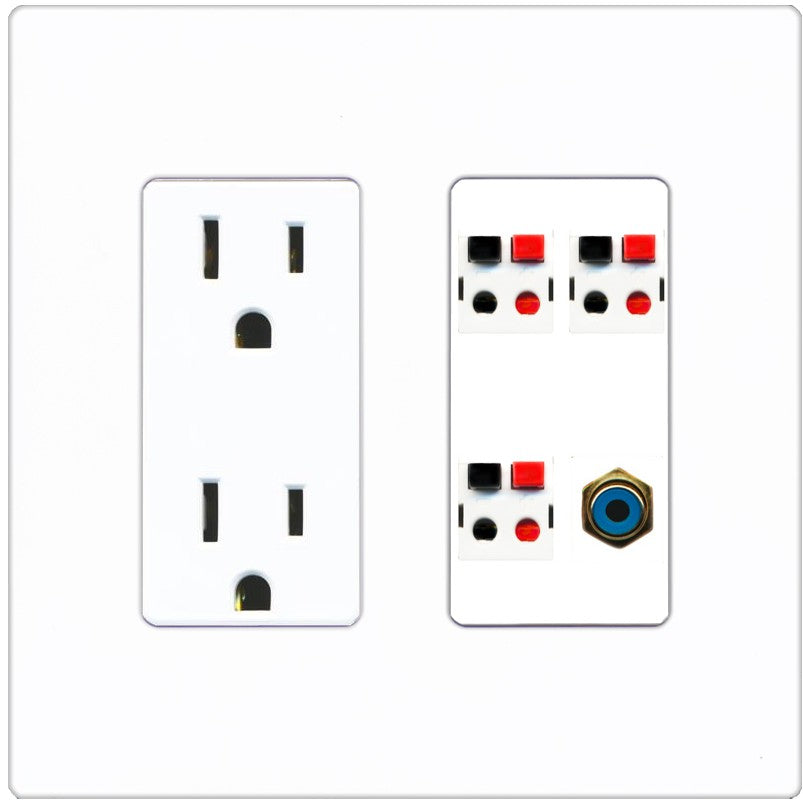 RiteAV 3 Port Speaker Wire Plug Jack Wall Plate with 1 RCA for Subwoofer - Outlet [Screwless White]