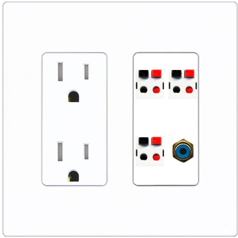 RiteAV 3 Port Speaker Wire Plug Jack Wall Plate with 1 RCA for Subwoofer - Tamper-Resistant Outlet [Screwless White]