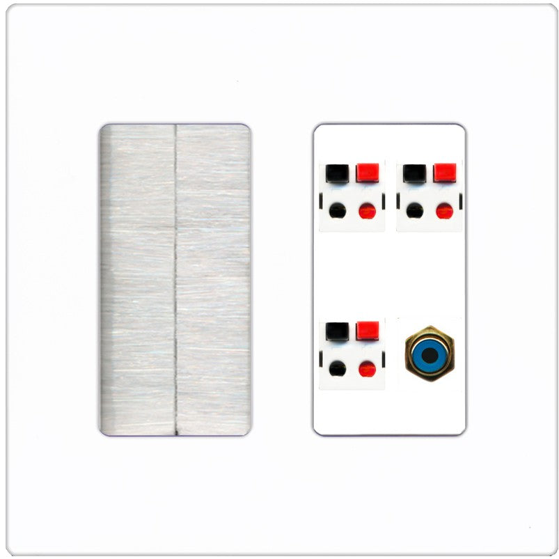 RiteAV 3 Port Speaker Wire Plug Jack Wall Plate with 1 RCA for Subwoofer - Brush [Screwless White]