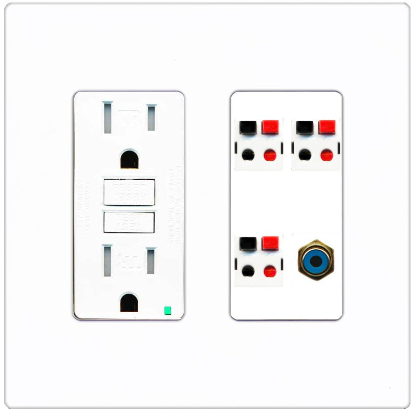 RiteAV 3 Port Speaker Wire Plug Jack Wall Plate with 1 RCA for Subwoofer - GFCI Outlet [Screwless White]