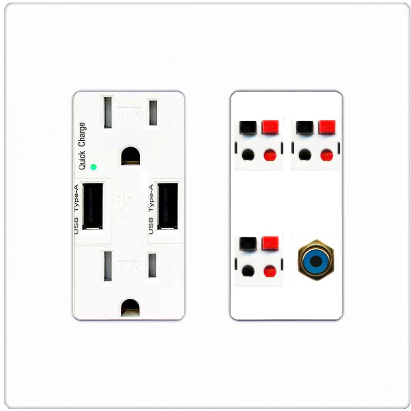 RiteAV 3 Port Speaker Wire Plug Jack Wall Plate with 1 RCA for Subwoofer - USB Outlet [Screwless White]
