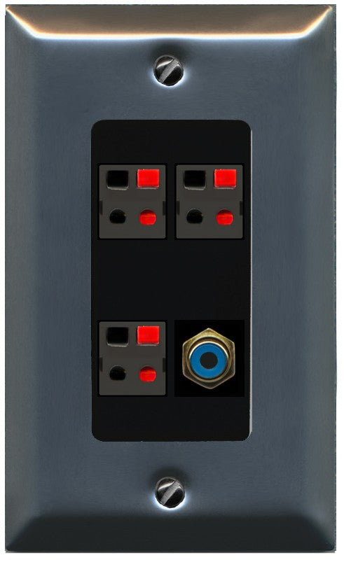 RiteAV 3 Port Speaker Wire Plug Jack Wall Plate with 1 RCA for Subwoofer - 1 Gang Decorative [Stainless/Black]
