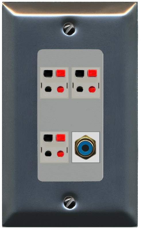 RiteAV 3 Port Speaker Wire Plug Jack Wall Plate with 1 RCA for Subwoofer - 1 Gang Decorative [Stainless/Gray]