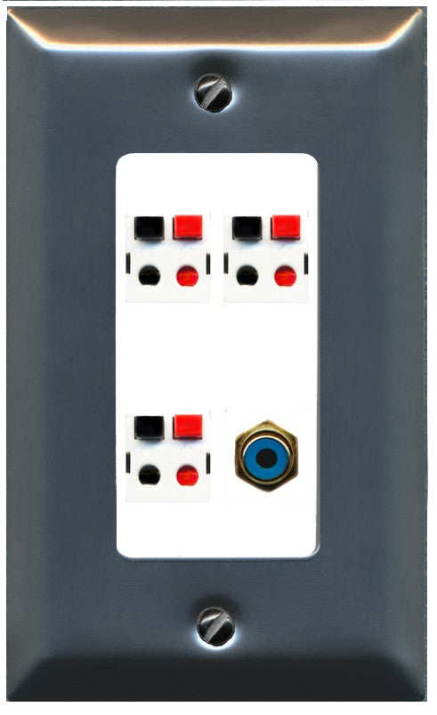 RiteAV 3 Port Speaker Wire Plug Jack Wall Plate with 1 RCA for Subwoofer - 1 Gang Decorative [Stainless/White]