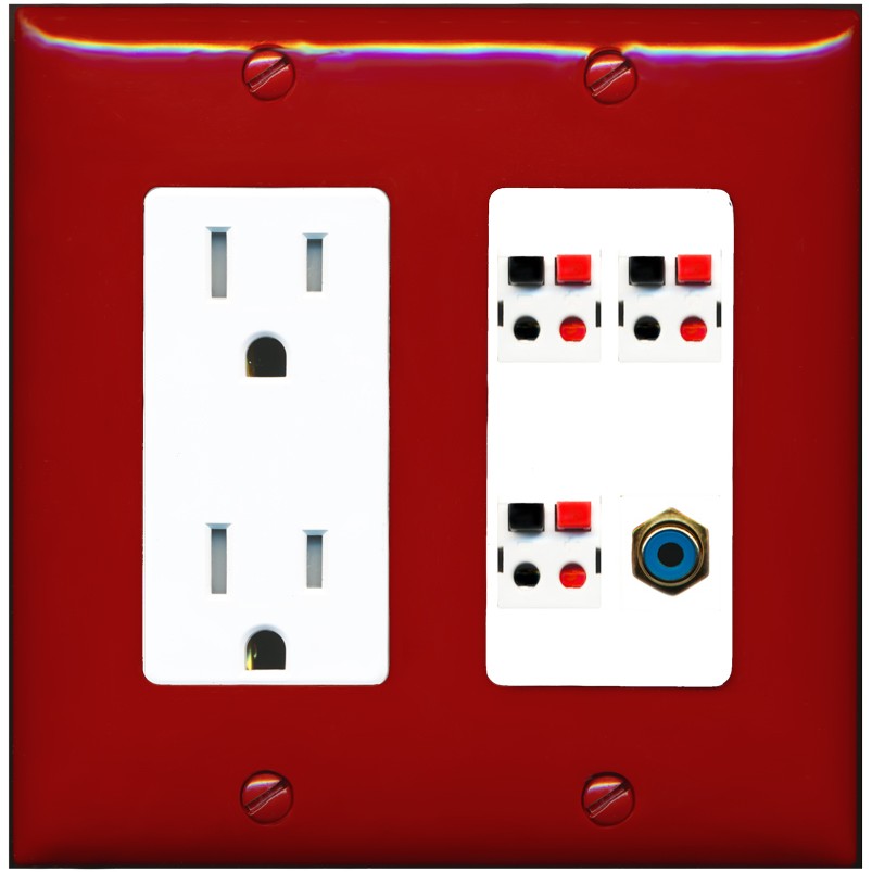 RiteAV 3 Port Speaker Wire Plug Jack Wall Plate with 1 RCA for Subwoofer - Tamper-Resistant Outlet [Red/White]