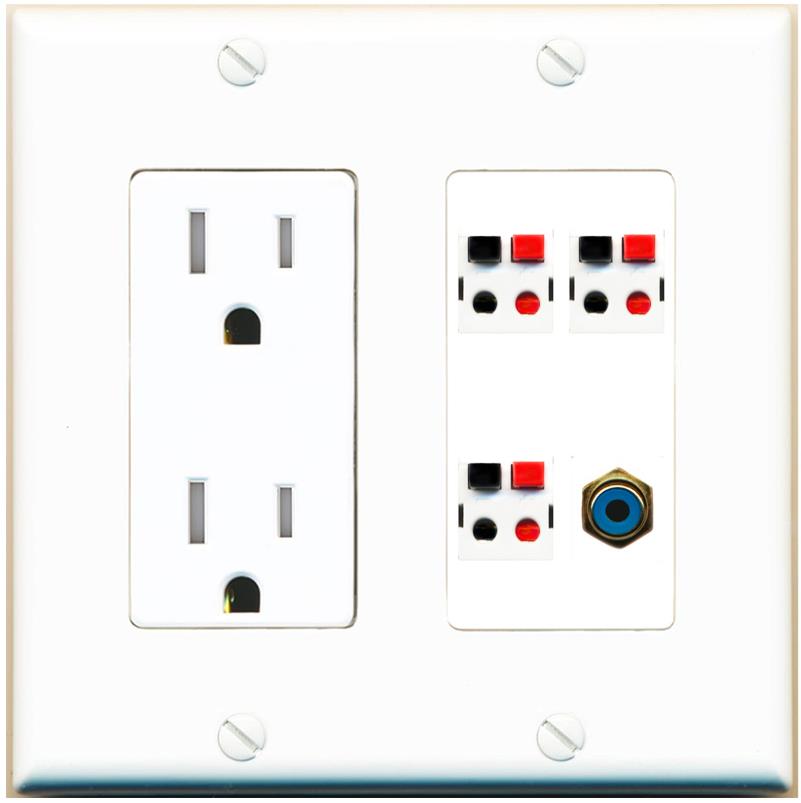 RiteAV 3 Port Speaker Wire Plug Jack Wall Plate with RCA for Subwoofer - Tamper-Res [White]