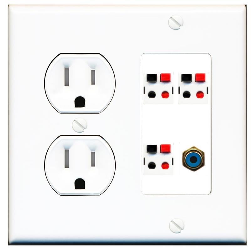 RiteAV 3 Port Speaker Wire Plug Jack Wall Plate with RCA for Subwoofer - Tamper Proof [White]