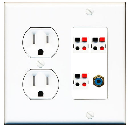RiteAV 3 Port Speaker Wire Plug Jack Wall Plate with RCA for Subwoofer - Tamper Proof [White]