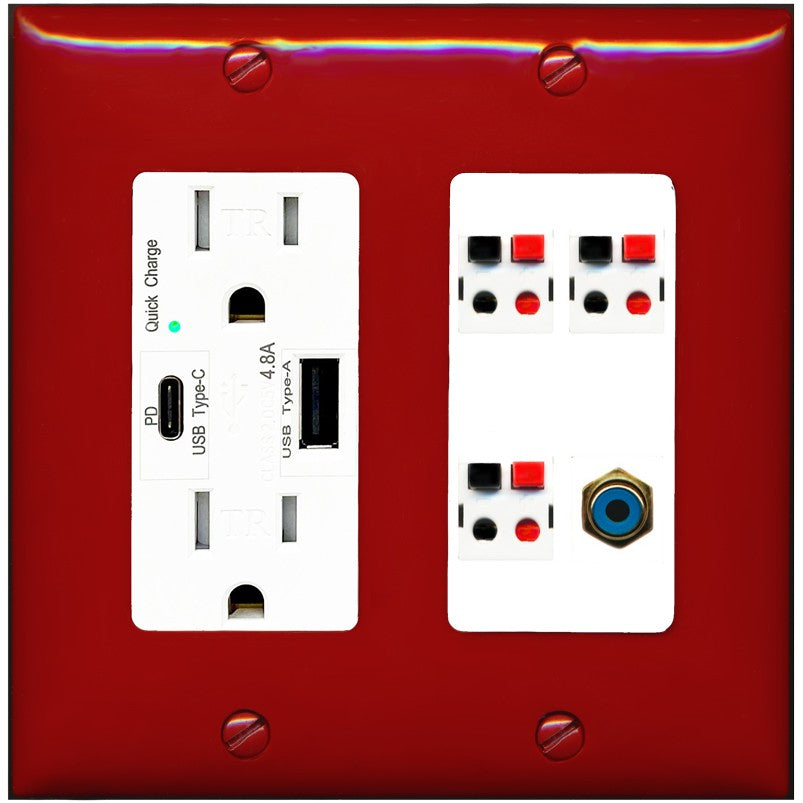 RiteAV 3 Port Speaker Wire Plug Jack Wall Plate with 1 RCA for Subwoofer - USB A+C Outlet [Red/White]